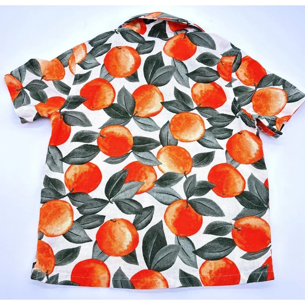 Old Navy Button Down Shirt Linen Blend Boys 4T Orange Tree Print Ivory